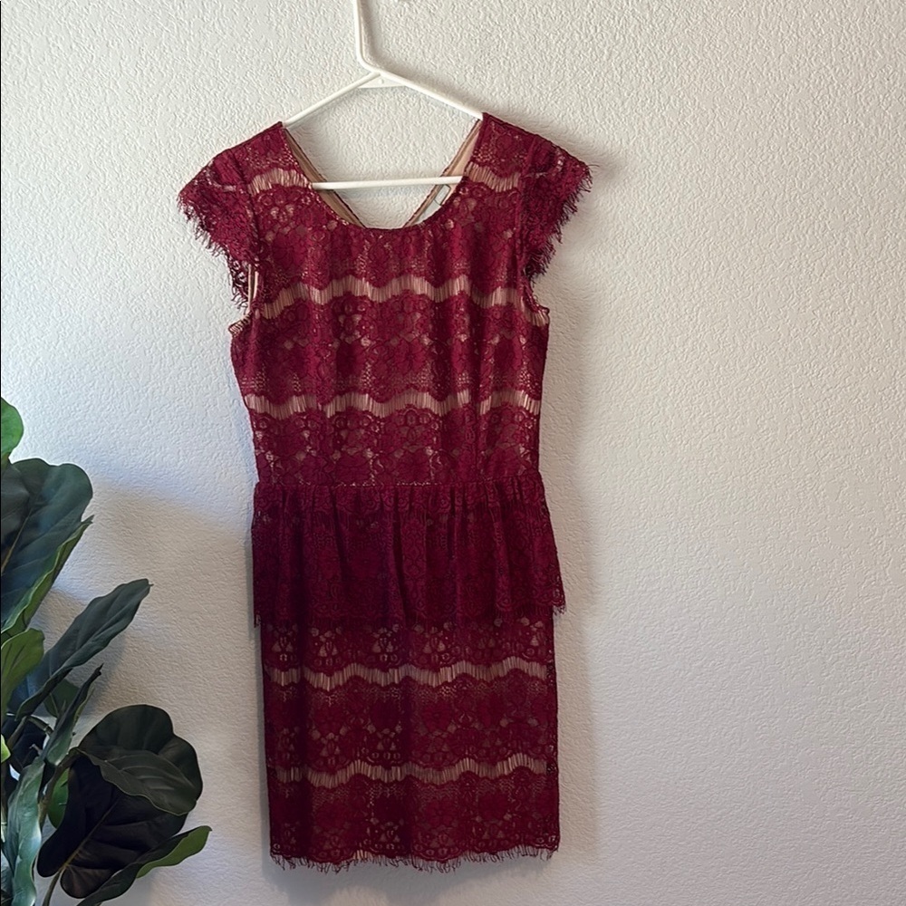 Maeve Burgundy Lace peplum Dress with nude liner Small